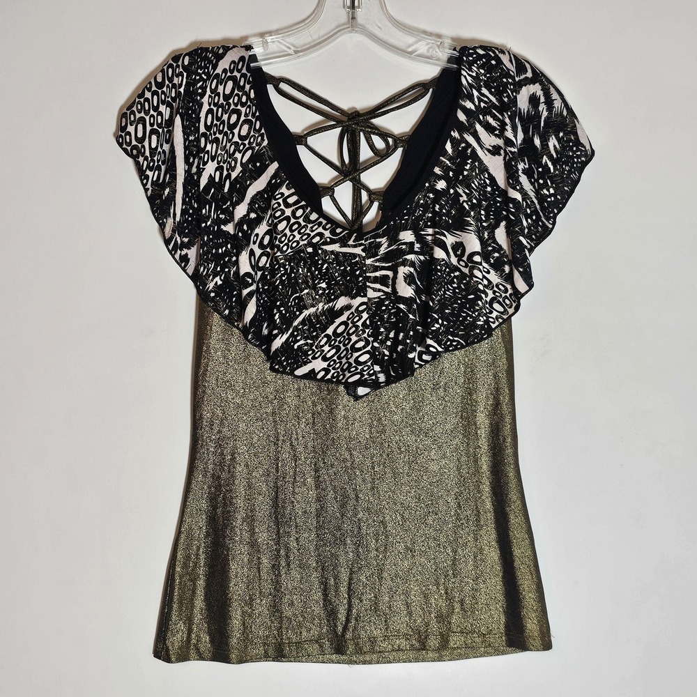 Solar Collection Top Womens Medium Black Gold Metallic Animal Print Ruffle Glam